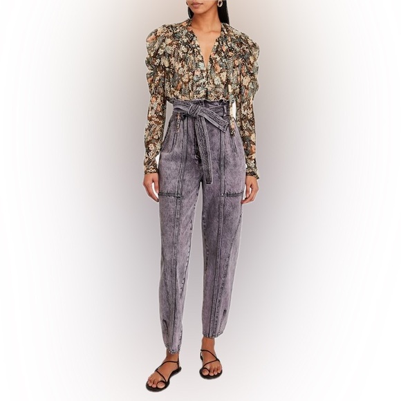 ULLA JOHNSON Brier Tie-Waist Acid Wash Jeans Sz 12 (no belt) Purple Acid Wash - Picture 1 of 11